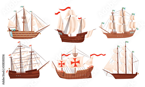 Vintage Sailing Ships Collection, Old Wooden Boats with White Sails Vector Illustration