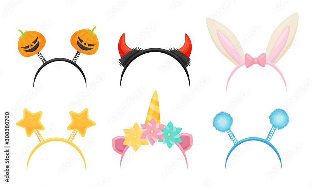 Collection of Cute Headbands for Carnival Party, Rabbit Ears, Devil and Unicorn Horns, Pumpkins, Stars and Balls on Springs Vector Illustration