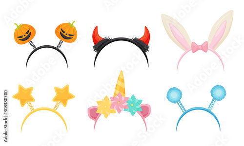 Collection of Cute Headbands for Carnival Party, Rabbit Ears, Devil and Unicorn Horns, Pumpkins, Stars and Balls on Springs Vector Illustration
