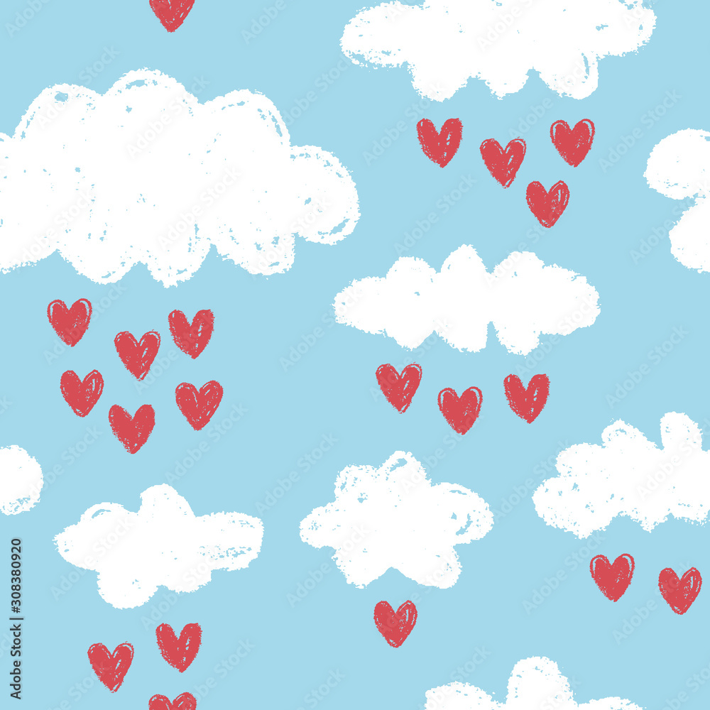 Clouds vector pattern with red hearts rain. Cute seamless background for Valentine's day. Сhalk drawing texture.