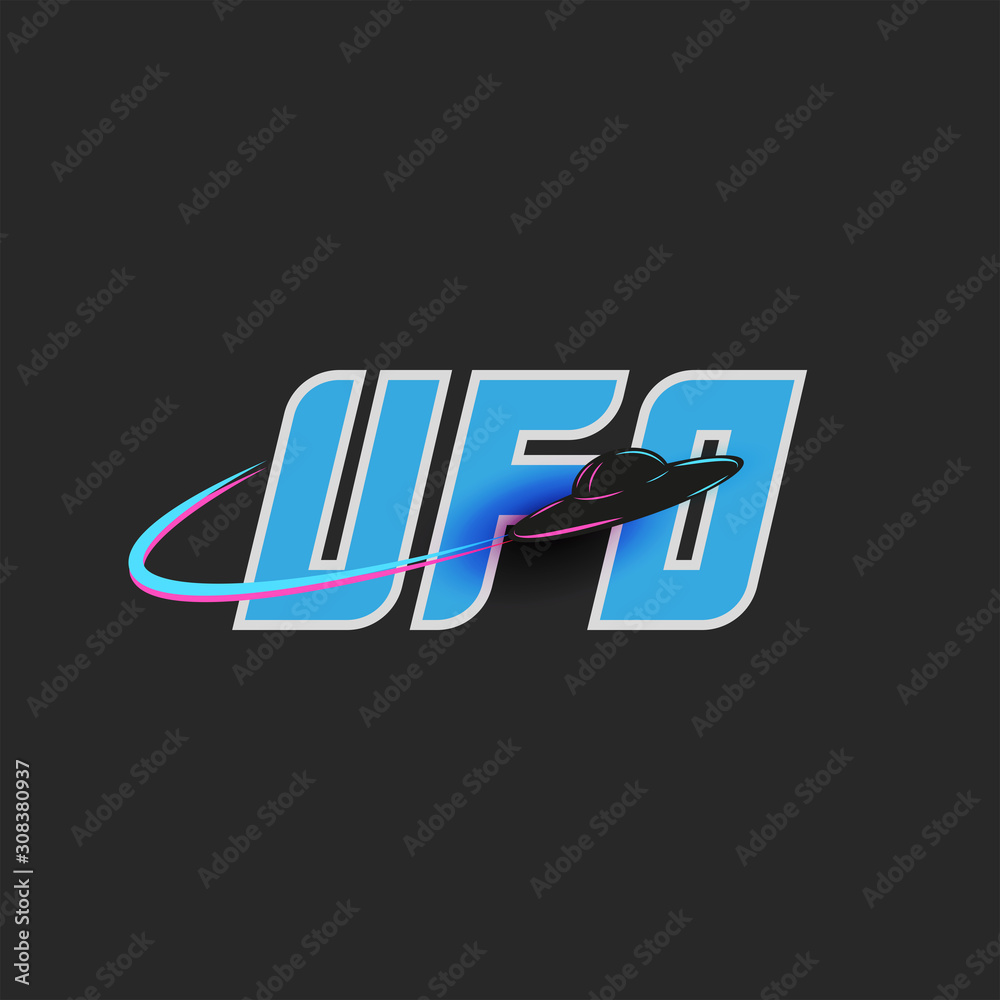 UFO logo blue lettering for t-shirt print emblem, unidentified flying object, alien saucer shape black spacecraft UFO logo blue lettering for t-shirt print emblem, unidentified flying object, alien saucer shape black spacecraft