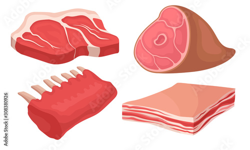 Meat Collection, Different Meat Parts Assortment, Fresh Organic Farm Products Vector Illustration