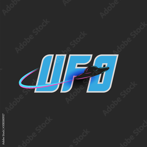 UFO logo blue lettering for t-shirt print emblem, unidentified flying object, alien saucer shape black spacecraft