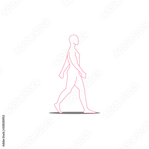 Silhouette of a man in full growth moves, vector illustration in pink thin lines, the man is walking.