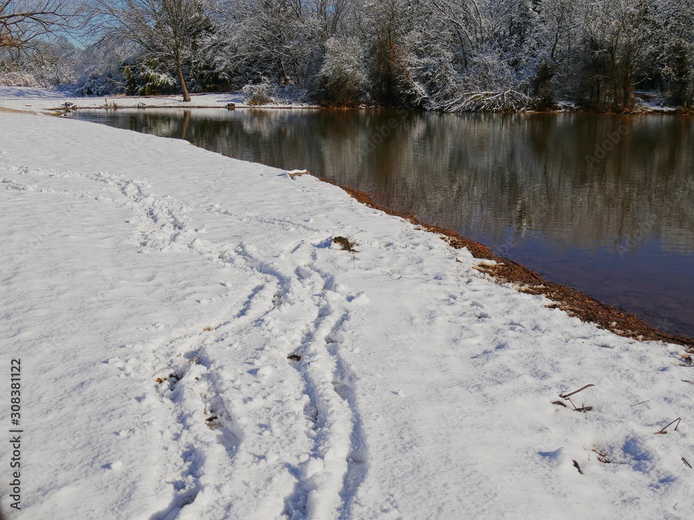 Fresh marks in the snow by the side of the pond Fresh marks in the snow by the side of the pond