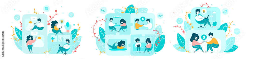 Co living arrangement flat vector illustrations set