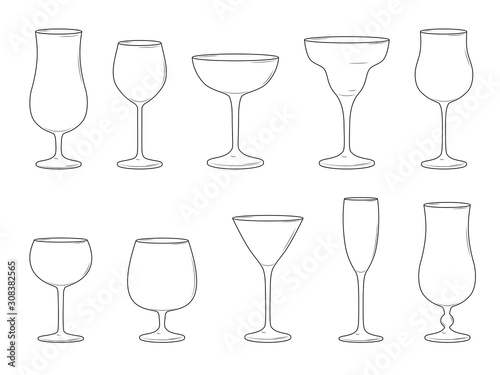 Various cocktail glasses isolated on white background. Vector illustration