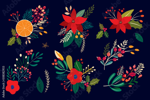 Christmas vector illustration with decorative floral elements. 