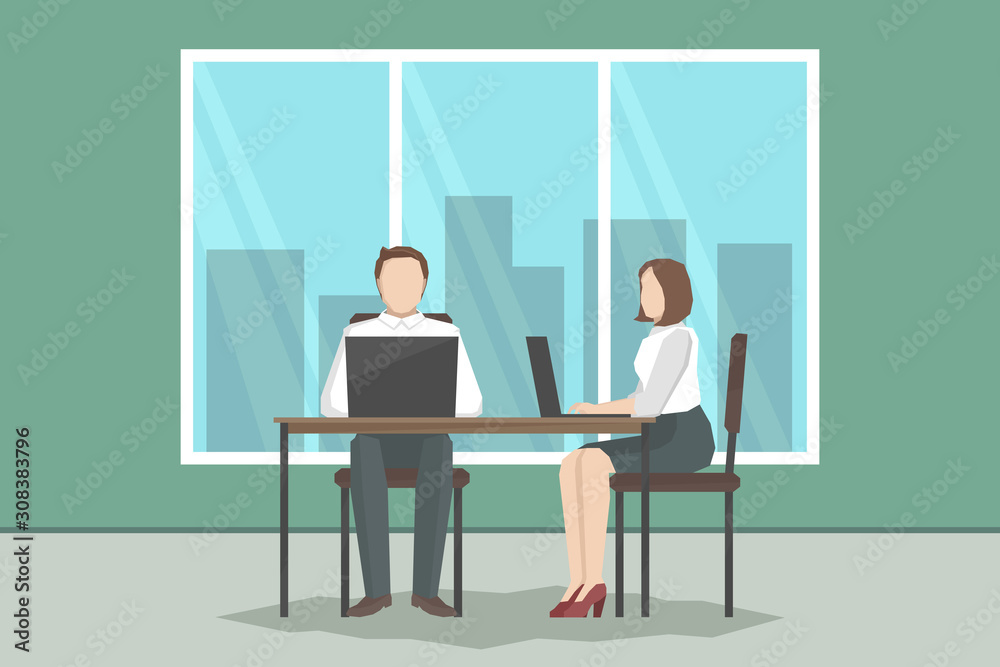 Man and woman working together in office. Vector illustration. Man and woman working together in office. Vector illustration.