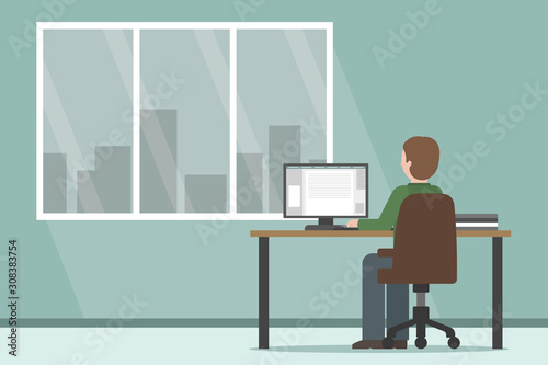 Caucasian man working on PC in office. Vector illustration.