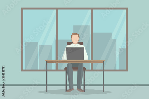 Employee working on laptop in office. Vector illustration.