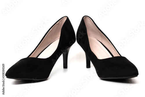 Stylish suede black women shoes on white background
