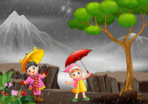  Illustration of Two little girls enjoy rainy day