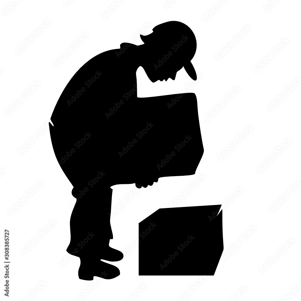 black stencil man loader raises a box, vector clip art on a white