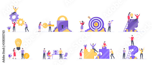 Teamwork concept with tiny people characters working together business concept elements set. Teamwork and time management concept flat style design vector illustration isolated on white background.