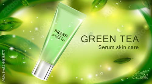 Luxury cosmetic Bottle package skin care cream, Beauty cosmetic product poster, with Green tea leaves and natural green color background