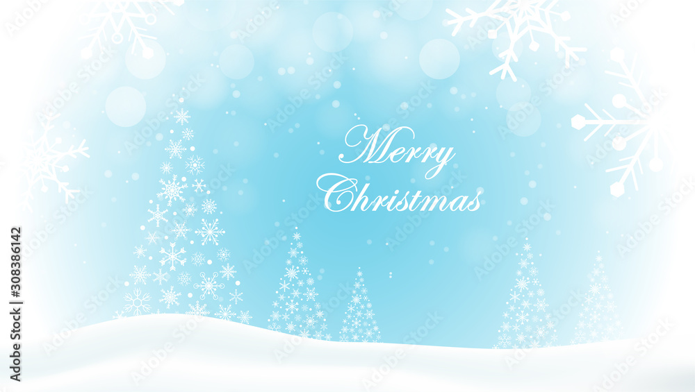 Merry Christmas and happy new year concept vector background, illustration. Christmas tree and snowing blue background.