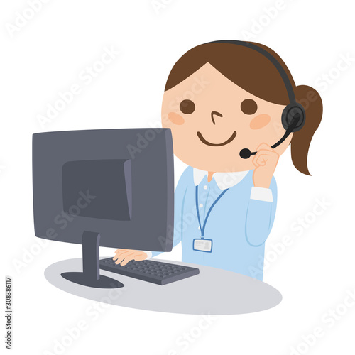 職業のイラスト。女性の電話オペレーター。ヘッドセットを付けて仕事をしている女性。