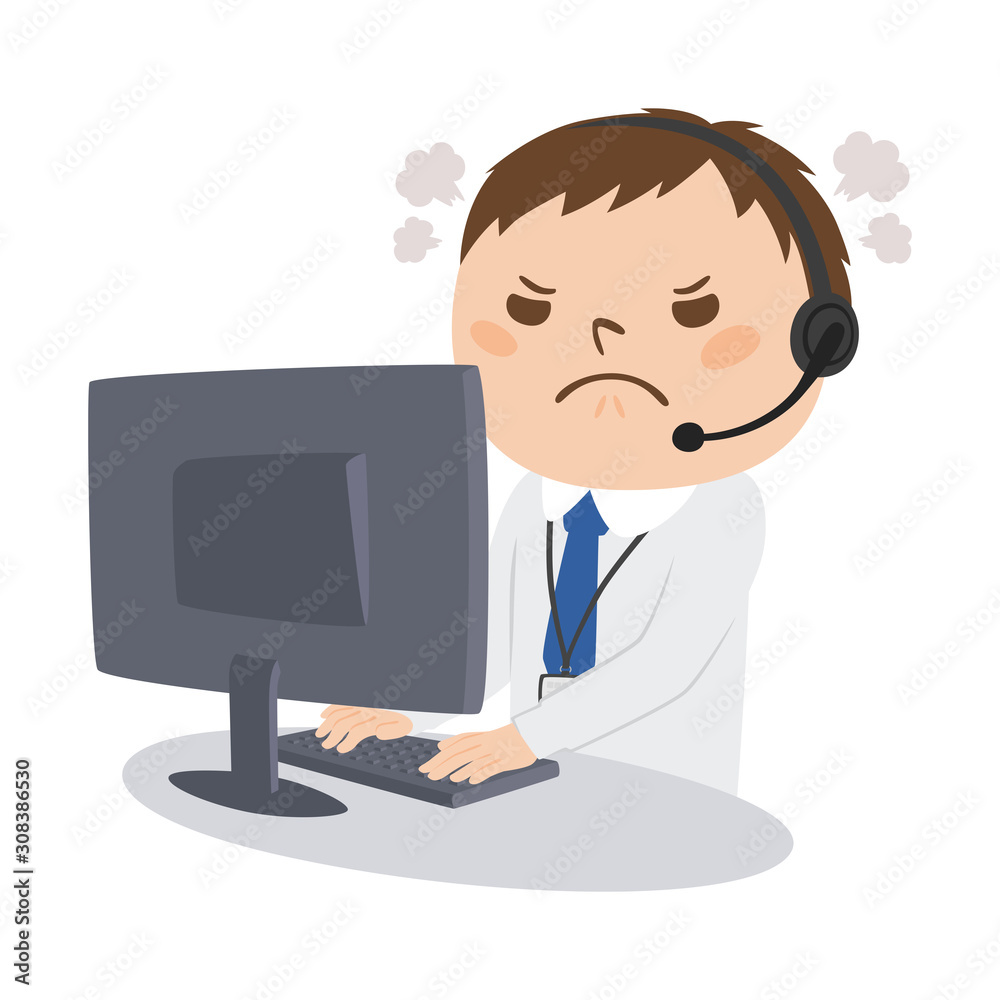 職業のイラスト。男性の電話オペレーター。怒っている男性。 職業のイラスト。男性の電話オペレーター。怒っている男性。