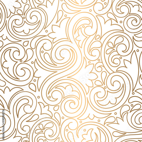 Linear golden leaves seamless pattern. Vintage vector ornament template. Paisley elements. Great for fabric, invitation, background, wallpaper, decoration, packaging or any desired idea.