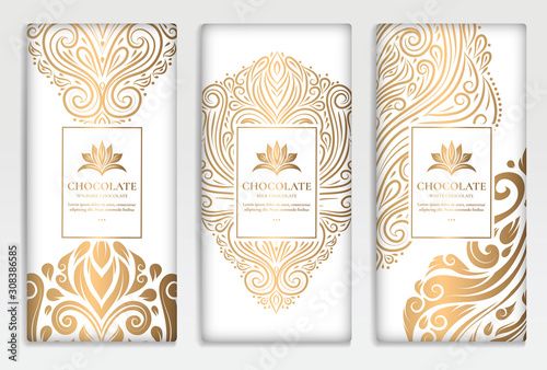 Luxury golden packaging design of chocolate bars. Vintage vector ornament template. Classic elements. Great for food, drink and other package types. Can be used for background and wallpaper.