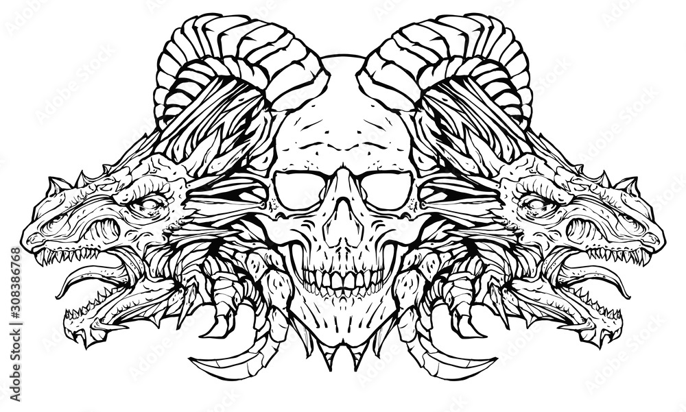 demon skull with dragons on the sides