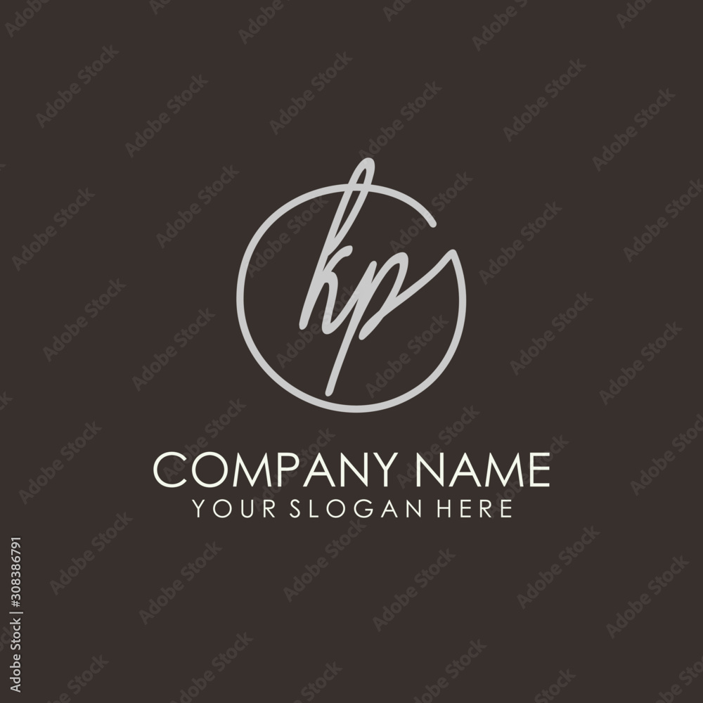 KP initials signature logo. Handwritten vector logo template connected to a circle. Hand drawn Calligraphy lettering Vector illustration.