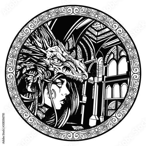 Goth girl, wearing a dragon mask