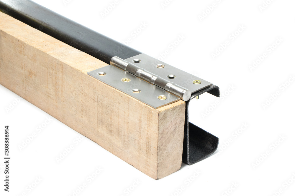 Door hinges on black steel and wooden timber plank for building construction for architectural works, material with screws isolated on white background. with screws, isolated on white background. Door hinges on black steel and wooden timber plank for building construction for architectural works, material with screws isolated on white background. with screws, isolated on white background.