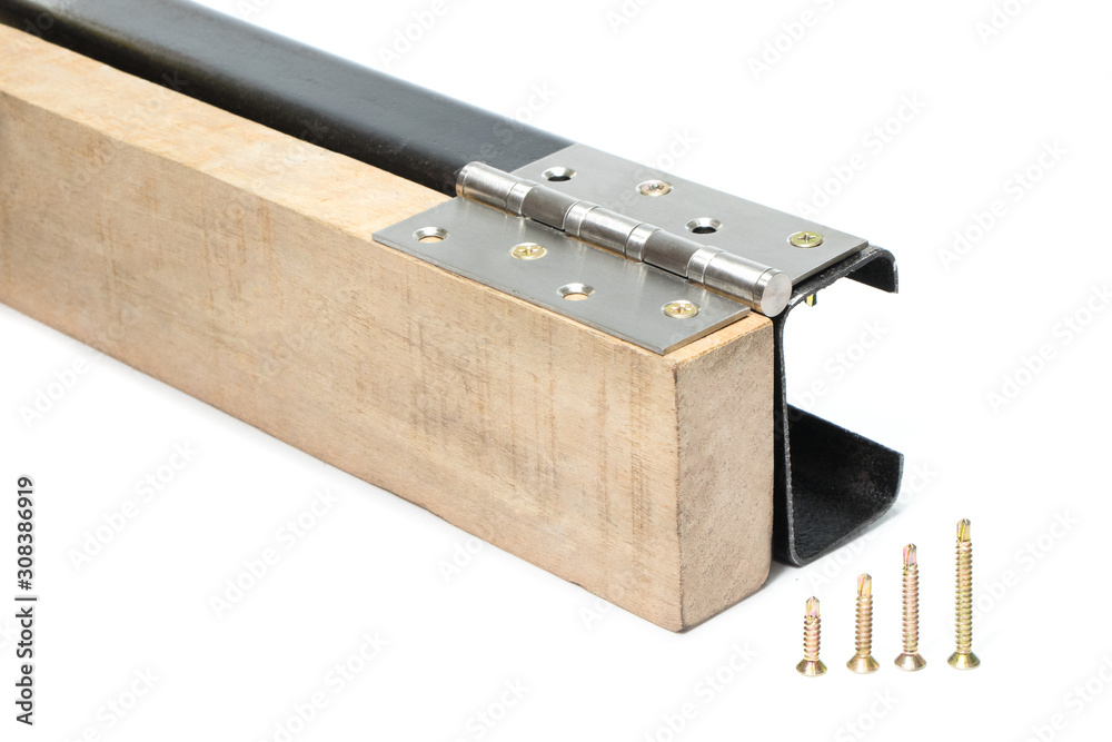 Door hinges on black steel and wooden timber plank for building construction for architectural works, material with screws isolated on white background. with screws, isolated on white background. Door hinges on black steel and wooden timber plank for building construction for architectural works, material with screws isolated on white background. with screws, isolated on white background.