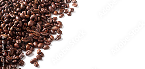 Coffee beans background isolated on white background. Top view. 