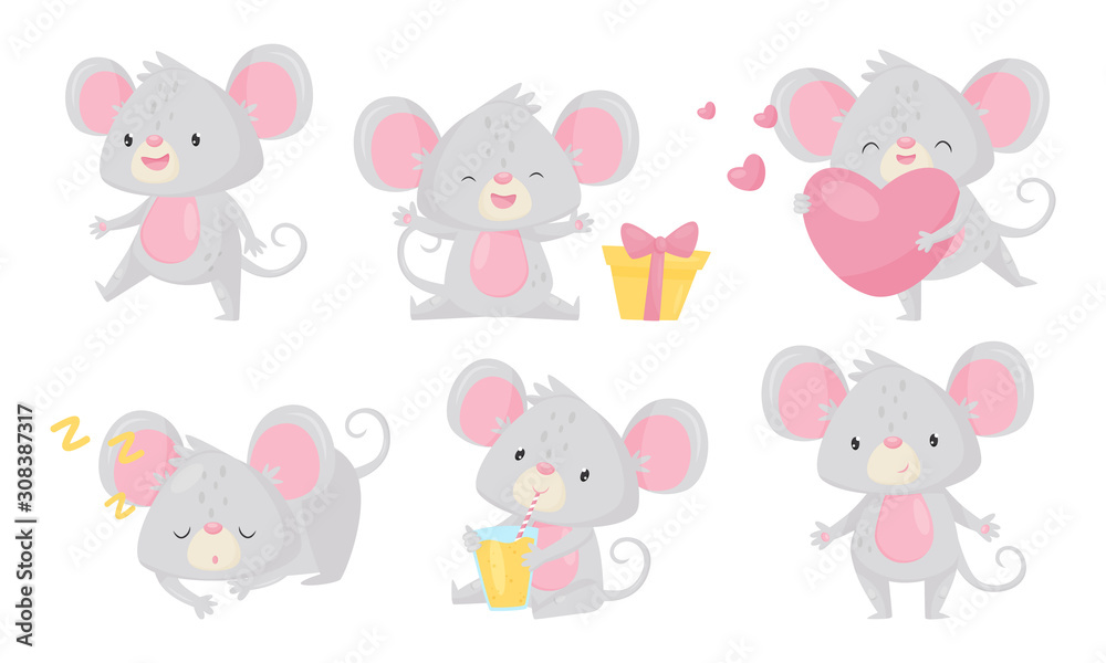 Cute Little Mouse Cartoon Character Collection, Adorable Rodent Animal in Different Situations Vector Illustration