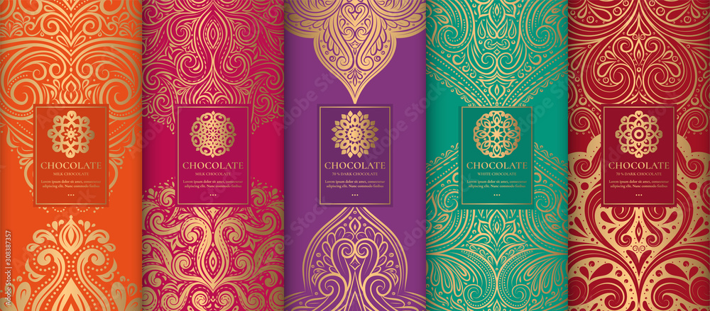 Fototapeta Luxury packaging design of chocolate bars. Vintage vector ornament template. Elegant, classic elements. Great for food, drink and other package types. Can be used for background and wallpaper.