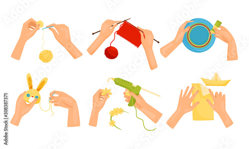 Hands Making Diy Crafts Collection, Different Creative Hobbies Set, Human Hands View from Above Vector Illustration