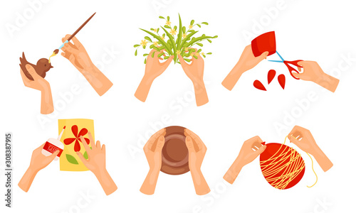 Human Hands Making Diy Crafts Collection, Different Creative Hobbies Set Vector Illustration