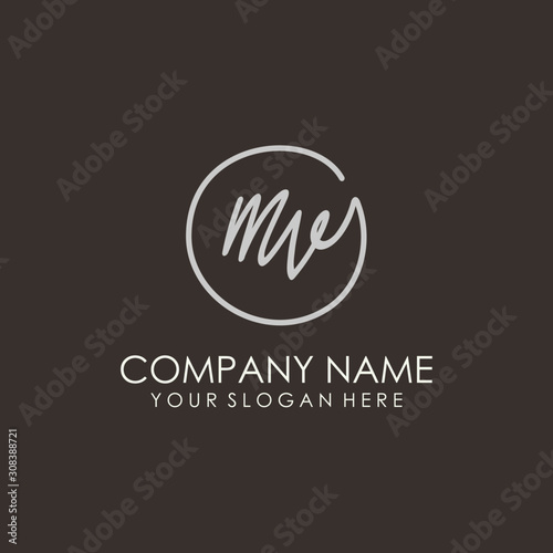 MV initials signature logo. Handwritten vector logo template connected to a circle. Hand drawn Calligraphy lettering Vector illustration.