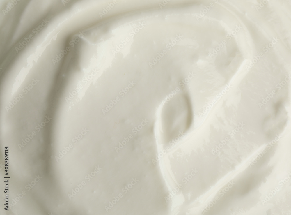 Tasty organic yogurt in bowl, top view Tasty organic yogurt in bowl, top view