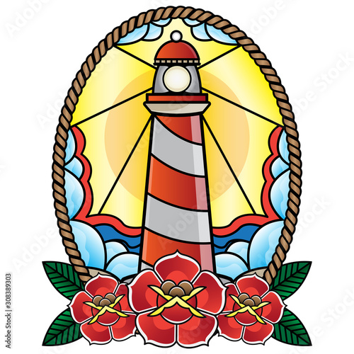 vector lighthouse tattoo old school