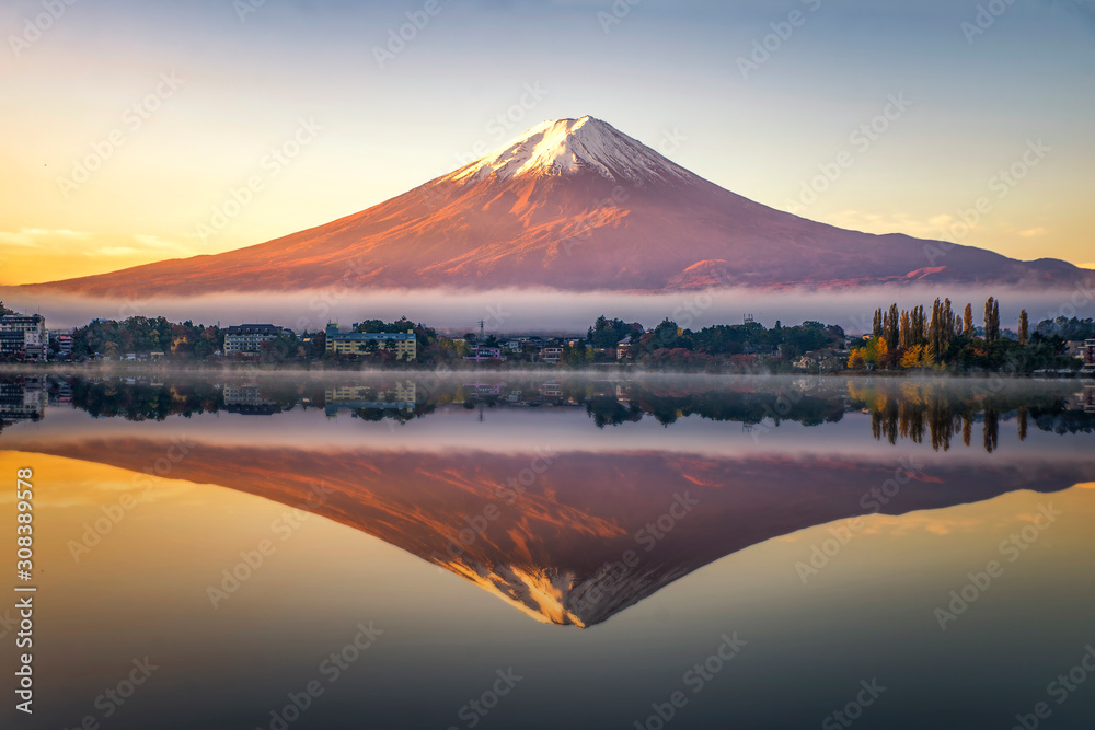 Fuji Mountain Reflection with Morning Mist at Sunrise, Kawaguchiko Lake, Japan