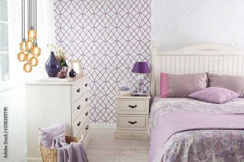 purple bedroom interior design concept and modern lamp © Ds design studio