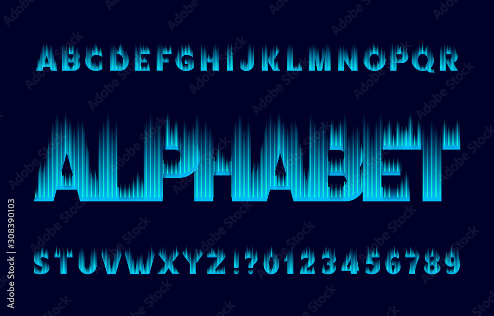 Abstract alphabet font. Flame effect letters and numbers. Stock vector