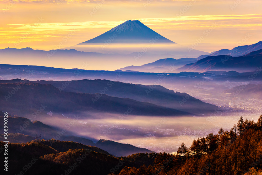 Fuji Mountain and Morning Mist at Takabocchi HIghlands in Autumn, Nagano, Japan