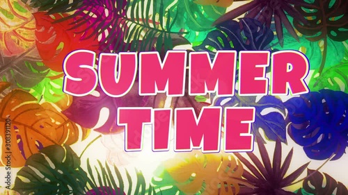 Summer time words on the background with hand drawn watercolor tropical palm leaves. Seamless looping 4K footage. 