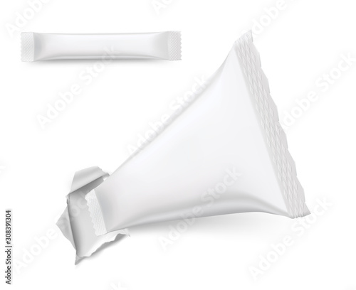 Blank mockup of flow pack in hole, stick pack. Vector illustration isolated on white background. It can be used in the adv, promo, package, etc. EPS10.