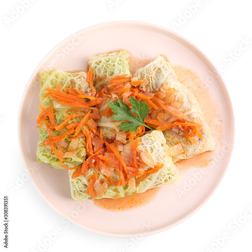 Delicious cabbage rolls isolated on white, top view