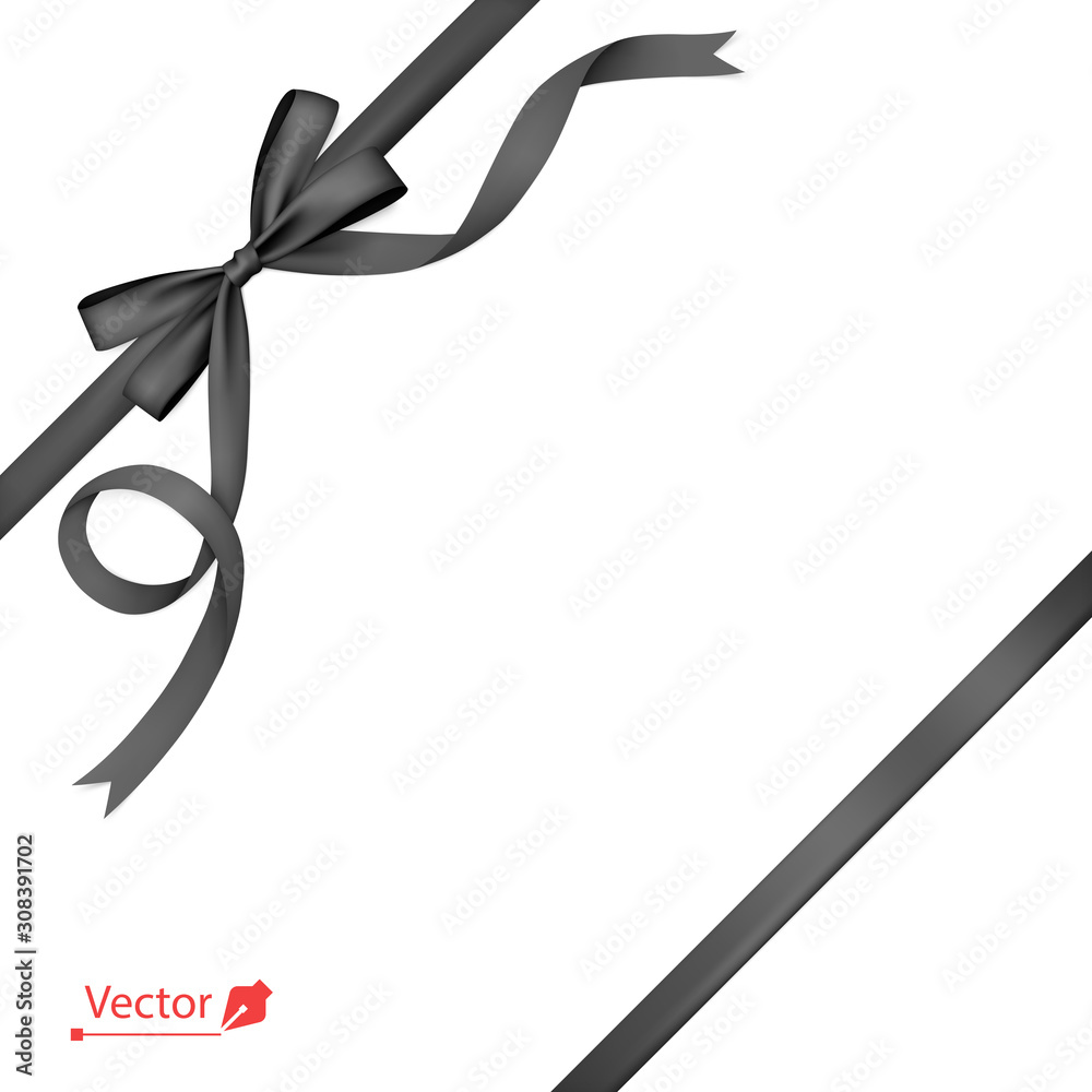 Black ribbon with bow tied to corner with a knot. Gift. Black ribbon with bow tied to corner with a knot. Gift.