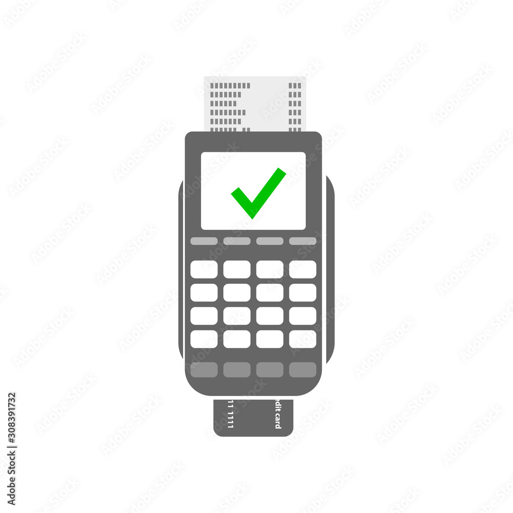 Pos terminal confirms the payment by smartphone. Vector illustration in flat design on green background. nfc payments concept Pos terminal confirms the payment by smartphone. Vector illustration in flat design on green background. nfc payments concept