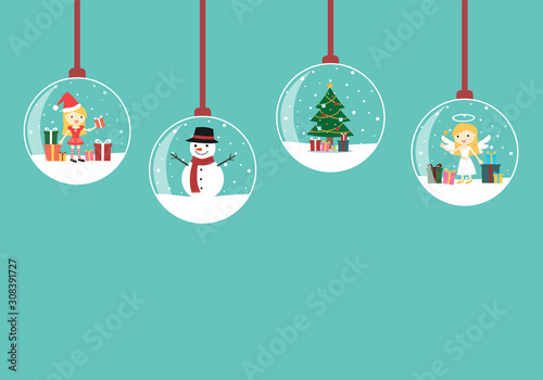 Christmas card, a lot of snow globs with an angel, Christmas tree, snowman, Mrs Santa Claus inside on green background.