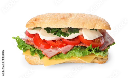 Delicious sandwich with fresh vegetables and mozzarella isolated on white