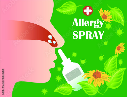 Allergy nose spray. The scheme of treatment of the nose. Allergy to plants and blooming flowers. Modern medicine